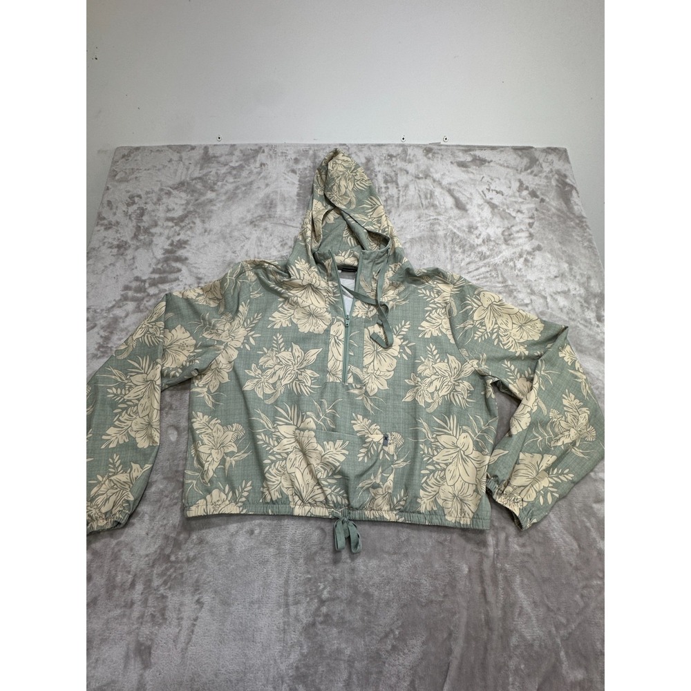 Hurley‎ Hoodie Cropped Windbreaker Top Womens XL Green Floral 1/4 Zip Drawstring